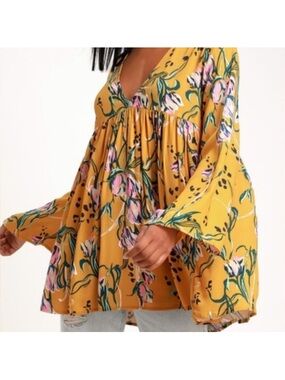 Free People Mustard Floral V-Neck Top with Pink & Teal Details